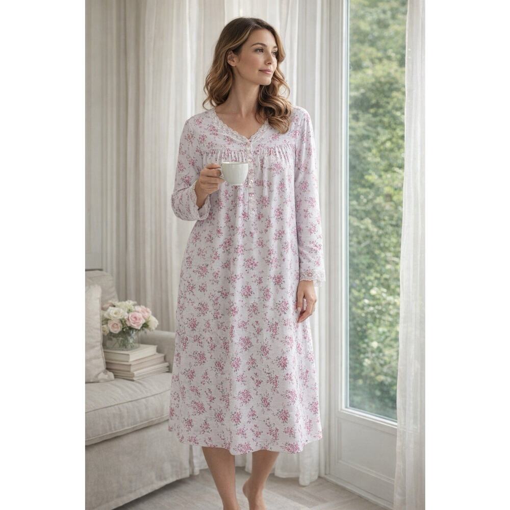 Eileen West Long Sleeve Floral Chemise Nightgown XL Pink Lace Cottage Trad Wife